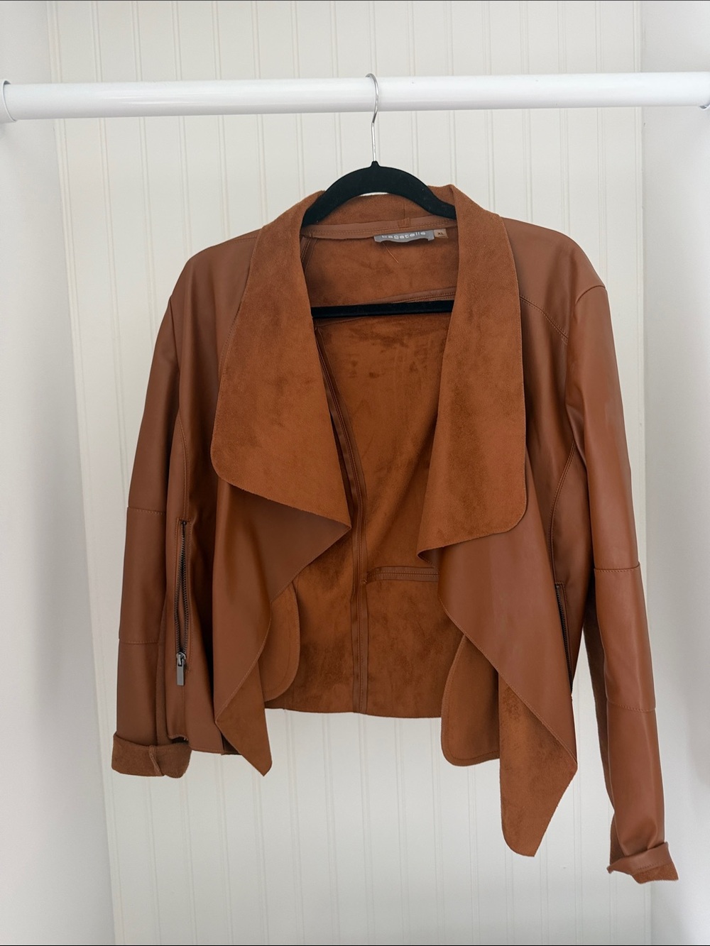 bagatelle Cognac Draped Suede-Trim Leather Jacket